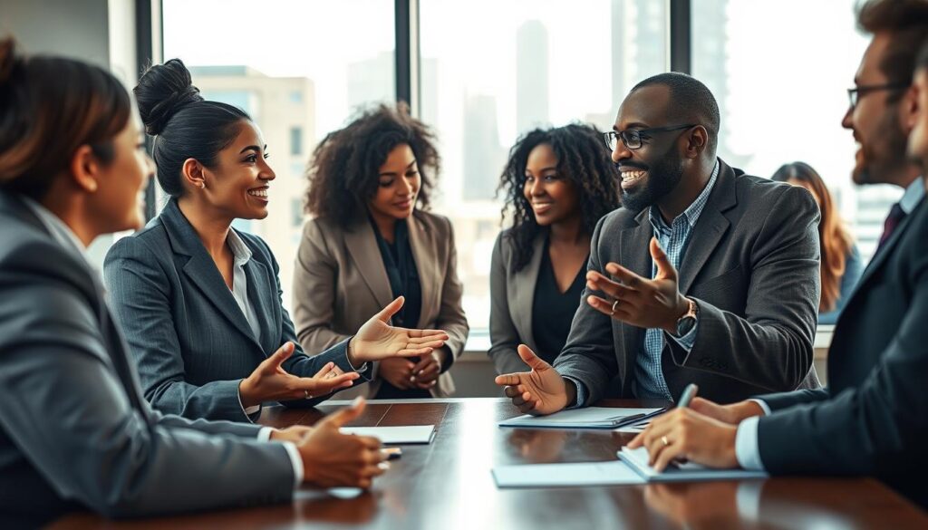 A diverse group of professionals engaged in a lively discussion around a conference table, symbolizing communication and cultural differences. In the foreground, focus on two individuals: a South Asian woman in a smart business suit and an African man wearing a stylish blazer, both animatedly exchanging ideas with expressive gestures. In the middle ground, colleagues from various backgrounds, including a Hispanic woman and a Caucasian man, attentively listen and take notes. The background features a large window with city skyscrapers, allowing natural light to flood the room, creating a vibrant atmosphere. The composition is shot with a Sony A7R IV 70mm lens, ensuring clarity and sharp definition, enhanced by a polarized filter that enriches colors. The overall mood is dynamic and collaborative, reflecting the theme of intercultural communication in a global business context. A diverse group of professionals engaged in a lively discussion around a conference table, symbolizing communication and cultural differences. In the foreground, focus on two individuals: a South Asian woman in a smart business suit and an African man wearing a stylish blazer, both animatedly exchanging ideas with expressive gestures. In the middle ground, colleagues from various backgrounds, including a Hispanic woman and a Caucasian man, attentively listen and take notes. The background features a large window with city skyscrapers, allowing natural light to flood the room, creating a vibrant atmosphere. The composition is shot with a Sony A7R IV 70mm lens, ensuring clarity and sharp definition, enhanced by a polarized filter that enriches colors. The overall mood is dynamic and collaborative, reflecting the theme of intercultural communication in a global business context.