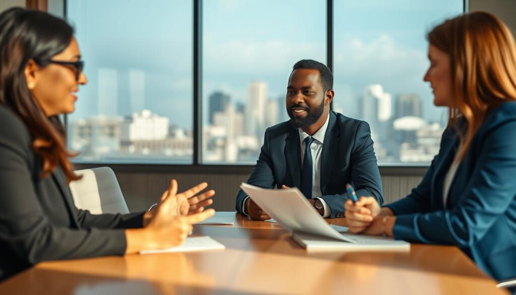 A diverse group of three professionals engaged in a lively discussion around a conference table, symbolizing the role of language in cultural understanding. The foreground features a South Asian woman in smart business attire, animatedly explaining, while a Black man in a suit nods in agreement, and a Caucasian woman takes notes. In the middle ground, a city skyline is visible through a large window, signifying a global business context. Soft, warm lighting fills the room, creating an inviting atmosphere that encourages open dialogue. The image has a depth of field effect, with sharp focus on the individuals while softly blurring the background, enhancing the sense of connection and collaboration. Shot on a Sony A7R IV at 70mm with a polarized filter for clarity. A diverse group of three professionals engaged in a lively discussion around a conference table, symbolizing the role of language in cultural understanding. The foreground features a South Asian woman in smart business attire, animatedly explaining, while a Black man in a suit nods in agreement, and a Caucasian woman takes notes. In the middle ground, a city skyline is visible through a large window, signifying a global business context. Soft, warm lighting fills the room, creating an inviting atmosphere that encourages open dialogue. The image has a depth of field effect, with sharp focus on the individuals while softly blurring the background, enhancing the sense of connection and collaboration. Shot on a Sony A7R IV at 70mm with a polarized filter for clarity.