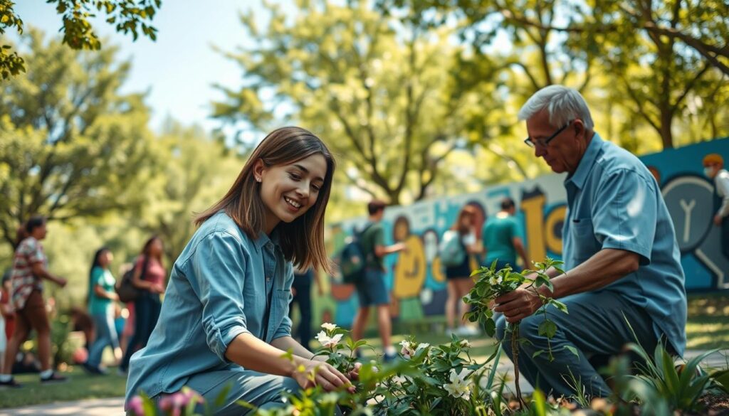 A diverse group of volunteers actively engaging in community service, set in a vibrant urban park. In the foreground, a young woman with shoulder-length brown hair in a light blue shirt is helping an elderly man plant flowers, showcasing intergenerational connection. In the middle ground, a group of volunteers is painting a colorful mural on a wall, symbolizing creativity and collaboration. The background features green trees and a clear blue sky, adding a sense of openness and growth. Soft, natural lighting filters through the leaves, creating a warm and inviting atmosphere. The scene is shot with a Sony A7R IV at 70mm, ensuring clear focus on the subjects with sharply defined details and a slight bokeh effect in the background. A diverse group of volunteers actively engaging in community service, set in a vibrant urban park. In the foreground, a young woman with shoulder-length brown hair in a light blue shirt is helping an elderly man plant flowers, showcasing intergenerational connection. In the middle ground, a group of volunteers is painting a colorful mural on a wall, symbolizing creativity and collaboration. The background features green trees and a clear blue sky, adding a sense of openness and growth. Soft, natural lighting filters through the leaves, creating a warm and inviting atmosphere. The scene is shot with a Sony A7R IV at 70mm, ensuring clear focus on the subjects with sharply defined details and a slight bokeh effect in the background.