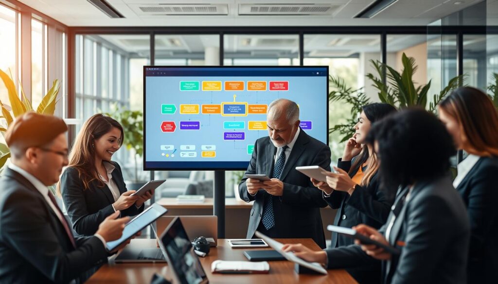 A dynamic Wertschöpfungsprozess scene depicting a modern business environment. In the foreground, a diverse group of professionals in smart business attire collaboratively analyzing data on digital tablets and laptops, absorbed in lively discussion. In the middle, a large, sleek touchscreen displaying a colorful flowchart of value creation stages, illustrating inputs, processes, and outputs. The background features a contemporary office with glass walls, greenery, and soft natural light pouring in. The focus is razor-sharp, emphasizing the engaged faces of the participants. Captured with a Sony A7R IV at 70mm, polarized filter applied for enhanced clarity and vibrant colors. The atmosphere is one of innovation and teamwork, reflecting the process of value creation in a business context.