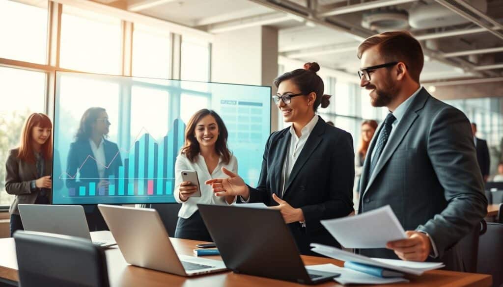 A dynamic and engaging visualization of affiliate marketing advantages, featuring a diverse group of professionals in smart business attire, collaborating around a large digital screen displaying upward-trending graphs and charts. In the foreground, two focused individuals, a woman and a man, are discussing strategies enthusiastically. The middle ground showcases laptops, smartphones, and documents, illustrating a lively workspace filled with ideas and energy. The background includes a bright office environment with large windows letting in natural light, creating a motivational atmosphere. Shot on a Sony A7R IV with a 70mm lens, the image is sharply defined, with a polarized filter enhancing clarity. The overall mood is one of innovation and success, emphasizing the positive outcomes of affiliate marketing.