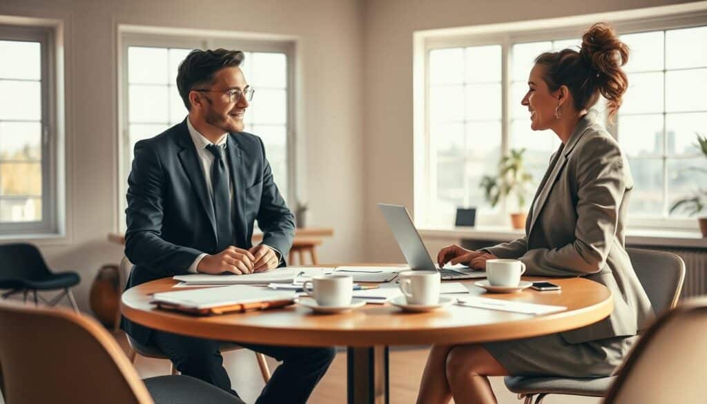 A dynamic and insightful scene depicting "Communication Strategies in Conflicts." In the foreground, two professionals in business attire, a diverse man and woman, are engaged in an animated discussion, their expressions reflecting concentration and resolve. In the middle ground, a round table cluttered with documents, laptops, and coffee cups symbolizes a collaborative environment aimed at conflict resolution. The background features large windows letting in soft natural light, creating a calm atmosphere. The overall color palette is warm and inviting, promoting a sense of openness. The image should be shot with a Sony A7R IV at 70mm, ensuring sharp focus and detail, with a polarized filter enhancing the clarity and vibrancy of the scene. A dynamic and insightful scene depicting "Communication Strategies in Conflicts." In the foreground, two professionals in business attire, a diverse man and woman, are engaged in an animated discussion, their expressions reflecting concentration and resolve. In the middle ground, a round table cluttered with documents, laptops, and coffee cups symbolizes a collaborative environment aimed at conflict resolution. The background features large windows letting in soft natural light, creating a calm atmosphere. The overall color palette is warm and inviting, promoting a sense of openness. The image should be shot with a Sony A7R IV at 70mm, ensuring sharp focus and detail, with a polarized filter enhancing the clarity and vibrancy of the scene.