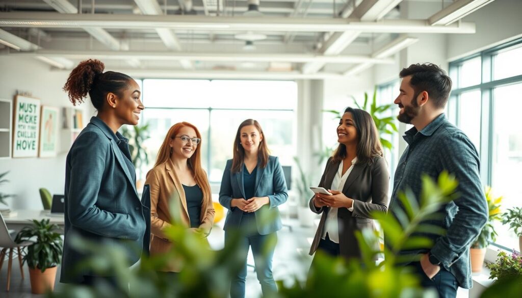 A dynamic and inspiring office environment that emphasizes resilience in teamwork. In the foreground, a diverse group of four professionals—two women and two men—engaged in a collaborative discussion, all wearing smart casual attire. The middle ground showcases a bright, open workspace filled with greenery, modern furniture, and motivational posters on the walls, creating a friendly atmosphere. In the background, large windows allow natural light to flood in, enhancing the uplifting mood. The scene is captured with a Sony A7R IV at 70mm, ensuring clarity and sharp detail. A polarized filter enriches the colors, giving a sense of positivity and hope. The overall ambiance reflects teamwork and support, encouraging a positive environment.