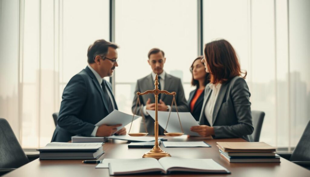 A dynamic and thoughtful visual representation of "Verschuldensfähigkeit," illustrating its significance in civil law. In the foreground, a diverse group of professionals in business attire (men and women) engage in a serious discussion, surrounded by legal documents and a balanced scale symbolizing justice. The middle ground features a sophisticated conference room setting with a large window allowing soft, natural light to pour in, enhancing the atmosphere of contemplation. In the background, faint silhouettes of city buildings can be seen, representing the corporate world. The overall mood is serious yet optimistic, aiming to convey the importance and complexity of accountability in legal contexts. Shot on a Sony A7R IV with a 70mm lens, the image should be clearly focused and sharply defined, using a polarized filter to enhance colors and contrast. A dynamic and thoughtful visual representation of "Verschuldensfähigkeit," illustrating its significance in civil law. In the foreground, a diverse group of professionals in business attire (men and women) engage in a serious discussion, surrounded by legal documents and a balanced scale symbolizing justice. The middle ground features a sophisticated conference room setting with a large window allowing soft, natural light to pour in, enhancing the atmosphere of contemplation. In the background, faint silhouettes of city buildings can be seen, representing the corporate world. The overall mood is serious yet optimistic, aiming to convey the importance and complexity of accountability in legal contexts. Shot on a Sony A7R IV with a 70mm lens, the image should be clearly focused and sharply defined, using a polarized filter to enhance colors and contrast.