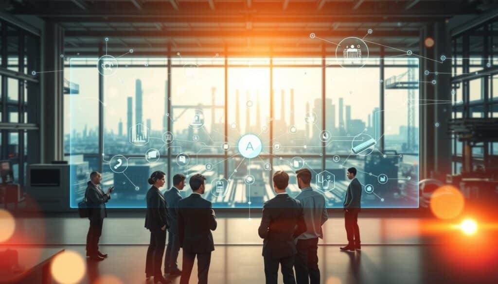 A dynamic and visually engaging illustration of an optimized value chain influenced by cyber-physical systems. In the foreground, a diverse team of professionals in smart business attire collaborates around a holographic display showcasing interconnected supply chain elements, symbolizing efficiency and innovation. The middle ground features advanced machinery and robots interacting with digital interfaces, representing the fusion of physical and digital realms. In the background, a modern factory skyline symbolizes industrial advancement, while data streams and network connections hover in the air, illustrating the impact of technology on industry and economy. The scene is captured using a Sony A7R IV at 70mm, with clear focus and sharp detail, enhanced by natural daylight filtering through windows, casting a hopeful and productive atmosphere.