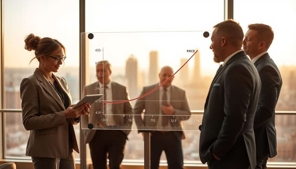 A dynamic and visually engaging scene illustrating "Price Adjustments in an Oligopoly." In the foreground, a diverse group of three professionals in business attire, including a woman analyzing data on a tablet and two men discussing charts, representing collaboration and strategy. In the middle ground, a large, transparent display shows a fluctuating price-demand curve, symbolizing the kinked demand curve of an oligopoly. The background features a modern office setting with a city skyline visible through large windows, bathed in warm, natural light that creates a motivating atmosphere. This image is captured with a Sony A7R IV at 70mm, utilizing a polarized filter for sharp definition, emphasizing clarity and focus on the subjects and the curve, highlighting the impact of pricing strategies.