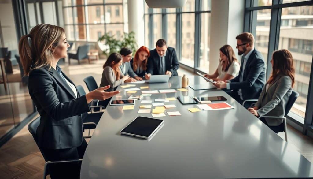 A dynamic business meeting scene in a modern office, showcasing a diverse group of professionals brainstorming around a sleek conference table, with post-it notes and digital tablets spread out. In the foreground, a woman in a smart business suit gestures enthusiastically, while a man in a casual yet professional outfit takes notes. In the middle ground, engaged team members are deep in discussion, exchanging ideas and collaborating creatively. The background features large windows allowing natural light to flood the space, creating an open and inviting atmosphere. Soft shadows enhance the depth of the image, while a subtle blur emphasizes the focus on innovation and teamwork. Shot with a Sony A7R IV at 70mm, clearly focused, sharply defined, filtered to capture vibrant colors and reflections. A dynamic business meeting scene in a modern office, showcasing a diverse group of professionals brainstorming around a sleek conference table, with post-it notes and digital tablets spread out. In the foreground, a woman in a smart business suit gestures enthusiastically, while a man in a casual yet professional outfit takes notes. In the middle ground, engaged team members are deep in discussion, exchanging ideas and collaborating creatively. The background features large windows allowing natural light to flood the space, creating an open and inviting atmosphere. Soft shadows enhance the depth of the image, while a subtle blur emphasizes the focus on innovation and teamwork. Shot with a Sony A7R IV at 70mm, clearly focused, sharply defined, filtered to capture vibrant colors and reflections.