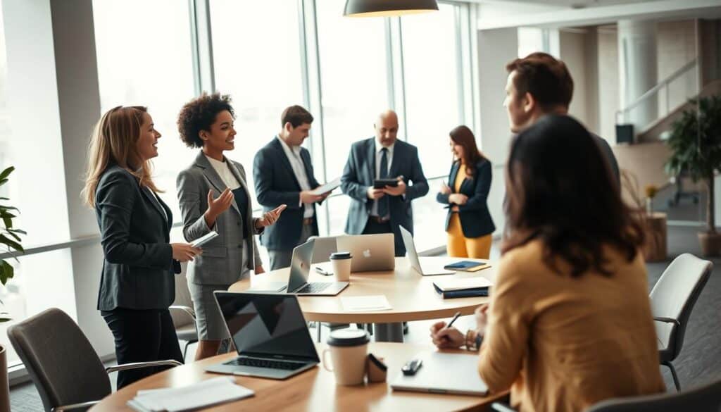 A dynamic business meeting scene, showcasing the theme of "Communication in Cooperative Leadership." In the foreground, two diverse professionals in business attire – one woman and one man – engage in an animated conversation, using hand gestures and visual aids like charts. In the middle ground, a round table with more team members collaborating, each contributing ideas, with laptops and notepads scattered about. The background displays a bright, modern office with large windows letting in natural light, creating an open and inviting atmosphere. Capture this with a Sony A7R IV at 70mm, ensuring sharp focus and vivid details. The mood is collaborative and proactive, emphasizing teamwork and communication. Use a polarized filter to enhance colors and reduce glare.