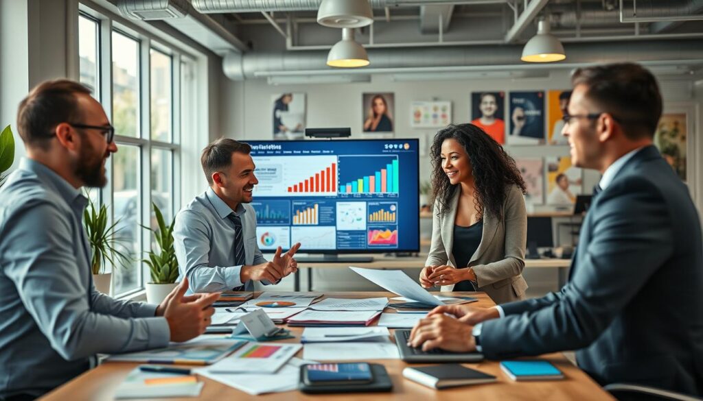 A dynamic marketing department scene showcasing collaboration and compromise among diverse professionals. In the foreground, a group of three individuals in business attire—two men and one woman—are engaged in a lively discussion around a table filled with colorful marketing materials and digital devices. One person gestures passionately while the others listen attentively, highlighting teamwork. The middle ground features a large presentation screen displaying vibrant charts and graphs, emphasizing their marketing strategy. The background shows an open office layout with creative posters and plants, fostering a collaborative atmosphere. The lighting is bright and welcoming, streamed through large windows, captured with a Sony A7R IV at 70mm for a clear, sharply defined focus, enhancing the sense of purpose and innovation in the room.