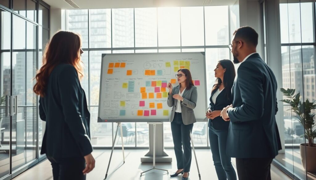 A dynamic office environment illustrating collaboration in a change process. In the foreground, a diverse group of four professionals engaged in a brainstorming session, all wearing smart business attire. In the middle ground, a large whiteboard filled with colorful sticky notes and diagrams, showcasing ideas and strategies. The background features a sleek, modern office space with large windows allowing natural light to flood in, creating a bright and optimistic atmosphere. The scene is shot with a Sony A7R IV at 70mm, ensuring clarity and sharpness, with a polarized filter enhancing colors and reducing glare. The mood conveys teamwork, innovation, and a forward-looking perspective on career realignment.