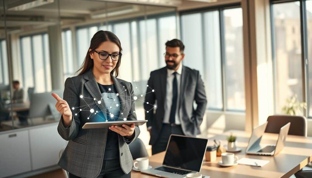 A dynamic office scene focused on a diverse group of professionals collaborating, representing the theme of utilizing one's network. In the foreground, a confident businesswoman in a smart blazer gestures towards a digital tablet, highlighting a virtual network map filled with nodes and connections. Surrounding her, two colleagues, one in a tailored suit and the other in casual business attire, lean in with interest. In the middle ground, a modern conference table with laptops, coffee cups, and notepads suggests an active brainstorming session. The background features large windows with natural light streaming in, creating a warm and inviting atmosphere. The image has a sense of urgency and motivation, shot with a Sony A7R IV at 70mm with a polarized filter, ensuring sharp focus and clarity on the subjects. A dynamic office scene focused on a diverse group of professionals collaborating, representing the theme of utilizing one's network. In the foreground, a confident businesswoman in a smart blazer gestures towards a digital tablet, highlighting a virtual network map filled with nodes and connections. Surrounding her, two colleagues, one in a tailored suit and the other in casual business attire, lean in with interest. In the middle ground, a modern conference table with laptops, coffee cups, and notepads suggests an active brainstorming session. The background features large windows with natural light streaming in, creating a warm and inviting atmosphere. The image has a sense of urgency and motivation, shot with a Sony A7R IV at 70mm with a polarized filter, ensuring sharp focus and clarity on the subjects.