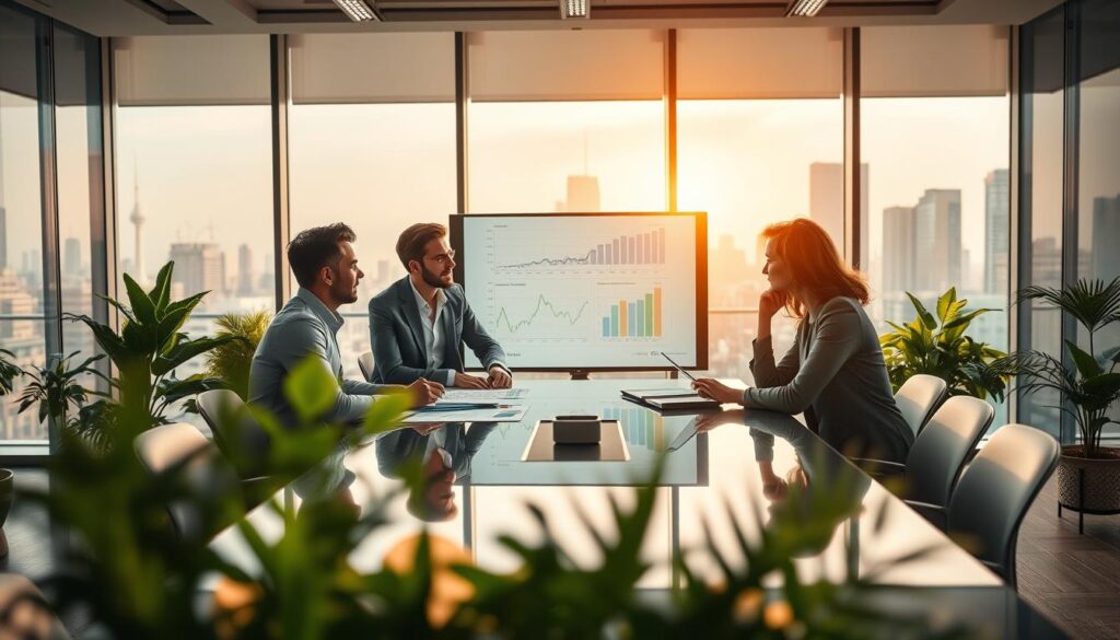 A dynamic office scene illustrating the concept of improving profit margins through cost management and price adjustments. In the foreground, a diverse group of three professionals—two men and one woman—are engaged in a discussion around a sleek conference table, analyzing financial charts and graphs projected on a large screen. The middle ground shows a modern office environment filled with green plants and soft, ambient lighting, conveying a productive atmosphere. The background features glass windows with a view of a bustling city skyline, enhancing the sense of success and growth. The image is shot using a Sony A7R IV at 70mm, with a polarized filter for crisp detail and clarity, creating a vibrant yet professional mood suitable for a corporate article. A dynamic office scene illustrating the concept of improving profit margins through cost management and price adjustments. In the foreground, a diverse group of three professionals—two men and one woman—are engaged in a discussion around a sleek conference table, analyzing financial charts and graphs projected on a large screen. The middle ground shows a modern office environment filled with green plants and soft, ambient lighting, conveying a productive atmosphere. The background features glass windows with a view of a bustling city skyline, enhancing the sense of success and growth. The image is shot using a Sony A7R IV at 70mm, with a polarized filter for crisp detail and clarity, creating a vibrant yet professional mood suitable for a corporate article.