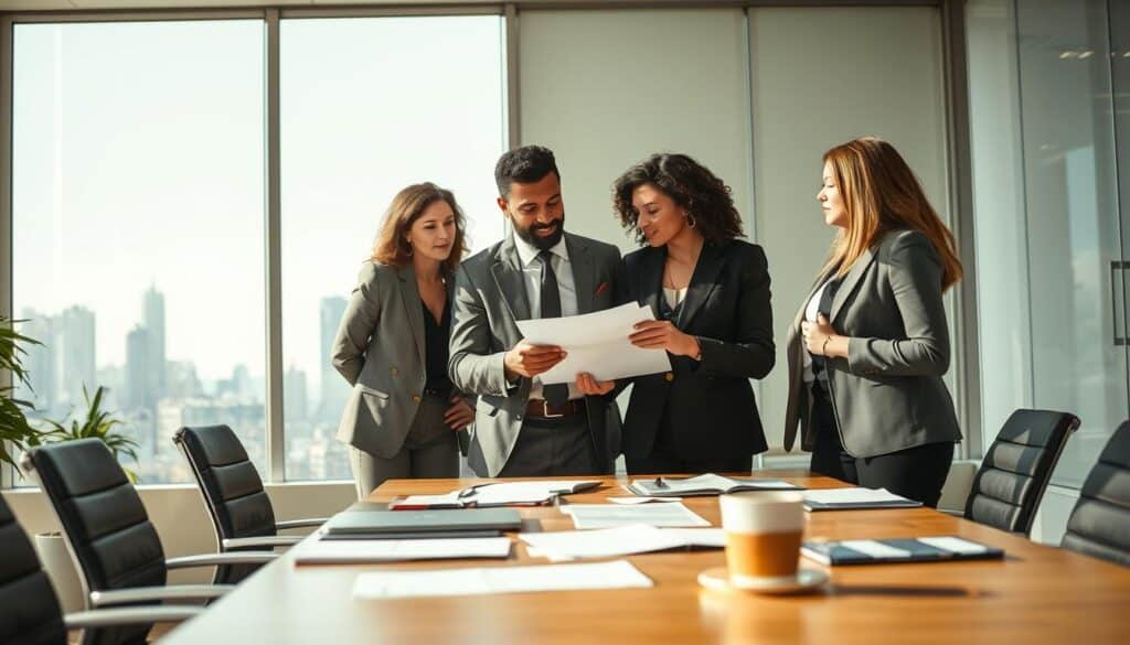A dynamic office scene illustrating various scenarios where the abbreviation "i. V." is commonly used. In the foreground, a diverse group of three professionals in smart business attire are engaged in discussion, with one person pointing to a document. In the middle, a large meeting table is filled with paperwork, a laptop, and a coffee cup, suggesting collaboration and decision-making. In the background, a modern office window reveals a city skyline under bright, clear lighting, enhancing productivity and focus. The scene is sharply defined and well-composed, shot with a Sony A7R IV at 70mm, emphasizing details with a polarized filter to reduce glare. The atmosphere is one of professionalism, urgency, and teamwork, reflecting the importance of the abbreviation in various business contexts. A dynamic office scene illustrating various scenarios where the abbreviation "i. V." is commonly used. In the foreground, a diverse group of three professionals in smart business attire are engaged in discussion, with one person pointing to a document. In the middle, a large meeting table is filled with paperwork, a laptop, and a coffee cup, suggesting collaboration and decision-making. In the background, a modern office window reveals a city skyline under bright, clear lighting, enhancing productivity and focus. The scene is sharply defined and well-composed, shot with a Sony A7R IV at 70mm, emphasizing details with a polarized filter to reduce glare. The atmosphere is one of professionalism, urgency, and teamwork, reflecting the importance of the abbreviation in various business contexts.