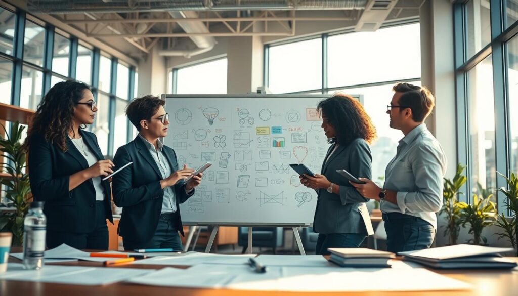 A dynamic office scene showcasing creativity and innovative problem-solving. In the foreground, a diverse group of three professionals engaged in brainstorming, wearing business attire, surrounded by sketches and digital devices. In the middle, a large whiteboard filled with colorful diagrams and notes, symbolizing various ideas and solutions. The background features floor-to-ceiling windows allowing natural light to stream in, illuminating the space and enhancing a sense of openness and inspiration. The atmosphere is collaborative and energetic, with warm lighting that creates an inviting ambiance. Shot on a Sony A7R IV at 70mm, the image is sharply defined and clearly focused, using a polarized filter to enhance colors and contrast, reflecting the vibrancy of innovative thinking.