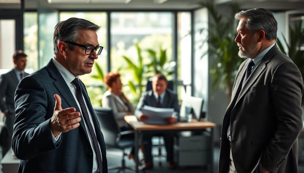 A dynamic office scene showcasing various personality types of bosses in a corporate setting. In the foreground, a confident leader with glasses, dressed in a tailored suit, is discussing with a team member, gesturing animatedly. In the middle ground, a thoughtful manager is seated at a desk, analyzing reports while wearing smart casual attire. Meanwhile, a more relaxed yet authoritative figure stands near a window, looking out and contemplating strategies. The background features a modern office layout with glass partitions and greenery. Use soft, natural lighting to create an inviting atmosphere, captured with a Sony A7R IV at 70mm for clear focus and sharp details, utilizing a polarized filter for enhanced color richness. A dynamic office scene showcasing various personality types of bosses in a corporate setting. In the foreground, a confident leader with glasses, dressed in a tailored suit, is discussing with a team member, gesturing animatedly. In the middle ground, a thoughtful manager is seated at a desk, analyzing reports while wearing smart casual attire. Meanwhile, a more relaxed yet authoritative figure stands near a window, looking out and contemplating strategies. The background features a modern office layout with glass partitions and greenery. Use soft, natural lighting to create an inviting atmosphere, captured with a Sony A7R IV at 70mm for clear focus and sharp details, utilizing a polarized filter for enhanced color richness.