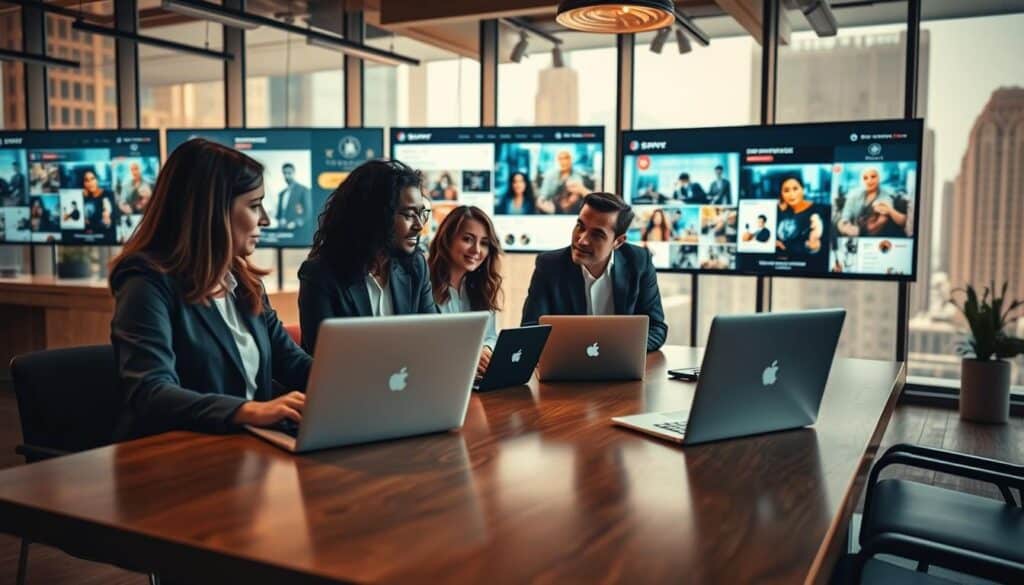 A dynamic scene focusing on influential personalities collaborating with brands, depicted in a modern office space. In the foreground, a diverse group of three professionals in smart casual attire engage in a brainstorming session around a polished wooden table, showcasing laptops and vibrant brand logos. In the middle ground, large screens display dynamic social media feeds highlighting influencer marketing campaigns. The background features large windows with city views, bathed in warm, natural light, giving the atmosphere a lively yet professional feel. Capture the image with a Sony A7R IV at 70mm, ensuring sharp detail and clarity. Use a polarized filter to enhance color vibrancy and contrast, conveying a sense of innovation and forward-thinking in brand identity driven by influencer stars.