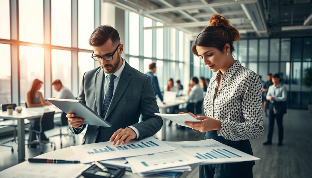 A dynamic scene illustrating competition in the non-profit sector, showcasing a diverse group of professionals engaged in a collaborative yet competitive environment. In the foreground, two individuals in professional attire, a man and a woman, analyze graphs on a tablet, surrounded by charts and data papers. The middle ground features a bustling office space with employees discussing strategies around a large conference table. In the background, large windows let in natural light, highlighting a city skyline, symbolizing the market. The atmosphere is one of innovation and determination, with a slight focus on teamwork amidst the competitive landscape. Shot on a Sony A7R IV 70mm, the image is sharply defined with a polarized filter to enhance colors and contrast.