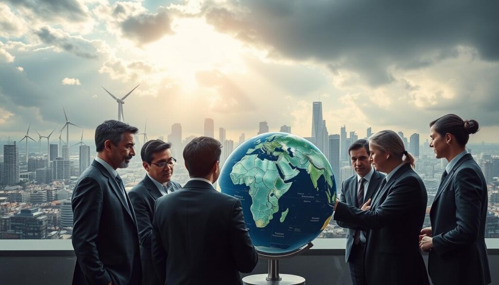 A dynamic scene illustrating global competition in the context of climate change. In the foreground, a diverse group of business professionals, consisting of men and women in professional attire, intensely discussing strategies around a digital globe showcasing different countries and their environmental impacts. The middle ground features a bustling city skyline, with green technology landmarks like wind turbines and solar panels integrated into modern architecture. In the background, dramatic stormy clouds symbolize the urgency of climate change. The lighting is soft yet assertive, imitating a late afternoon sun breaking through clouds, casting long shadows. Shot on a Sony A7R IV at 70mm, the image is sharply defined with a polarized filter, evoking a mood of determination and urgency in the face of global challenges.