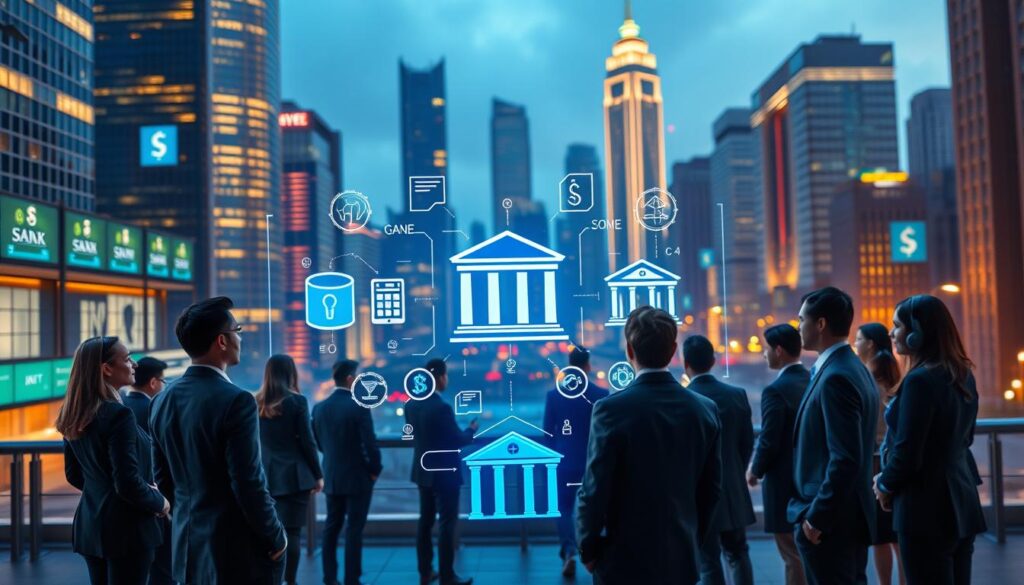 A dynamic scene illustrating the intersection of finance and smart contracts, featuring a futuristic cityscape in the background with sleek skyscrapers adorned with digital screens displaying blockchain technology. In the foreground, a diverse group of professionals in business attire, focused on a large holographic interface showcasing smart contract functionalities, like security and transparency. The middle ground features stylized graphics of cryptocurrency symbols and digital documents, merging traditional finance elements like bank buildings. The overall atmosphere is vibrant and innovative, illuminated by soft, futuristic lighting with sharp contrasts, shot on Sony A7R IV at 70mm, ensuring a clearly focused and sharply defined image, enhanced with a polarized filter for depth.