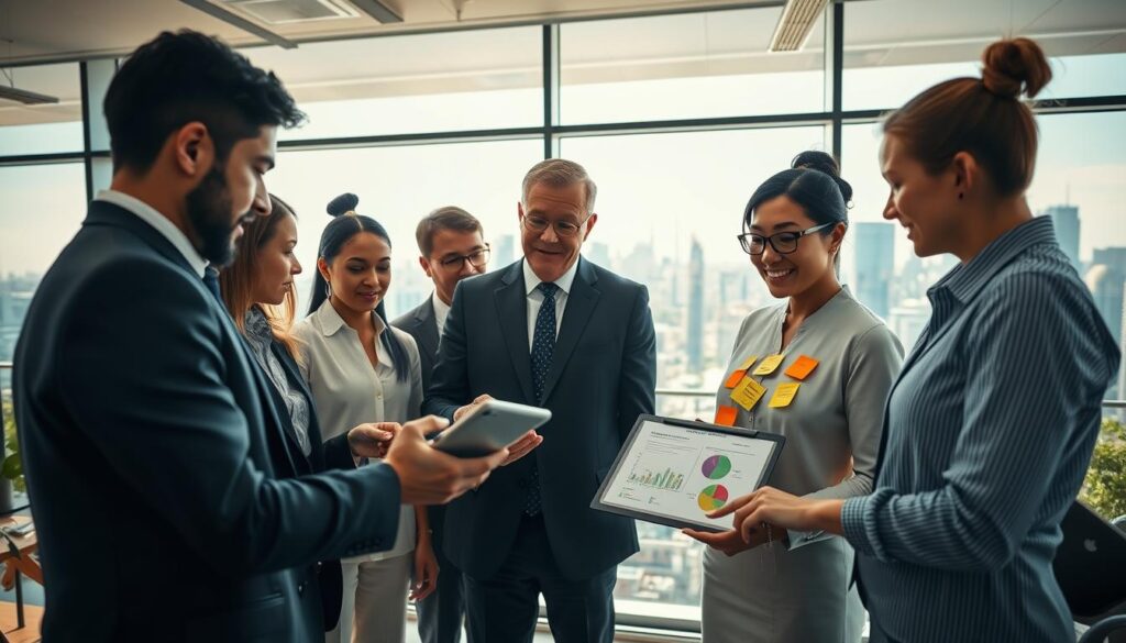 A dynamic scene showcasing the concept of competitiveness in small to medium enterprises (SMEs). In the foreground, a diverse group of professionals dressed in business attire collaborates over a modern digital tablet, analyzing data and brainstorming innovative ideas. The middle ground displays a bright, modern office environment filled with charts, graphs, and vibrant post-it notes representing creative strategies. In the background, large windows reveal a bustling cityscape symbolizing growth and opportunity. The lighting is bright and inspirational, with natural light streaming in, creating an optimistic atmosphere. Shot on a Sony A7R IV at 70mm, the image is clearly focused and sharply defined, enhanced with a polarized filter to create vivid colors and crisp details. A dynamic scene showcasing the concept of competitiveness in small to medium enterprises (SMEs). In the foreground, a diverse group of professionals dressed in business attire collaborates over a modern digital tablet, analyzing data and brainstorming innovative ideas. The middle ground displays a bright, modern office environment filled with charts, graphs, and vibrant post-it notes representing creative strategies. In the background, large windows reveal a bustling cityscape symbolizing growth and opportunity. The lighting is bright and inspirational, with natural light streaming in, creating an optimistic atmosphere. Shot on a Sony A7R IV at 70mm, the image is clearly focused and sharply defined, enhanced with a polarized filter to create vivid colors and crisp details.