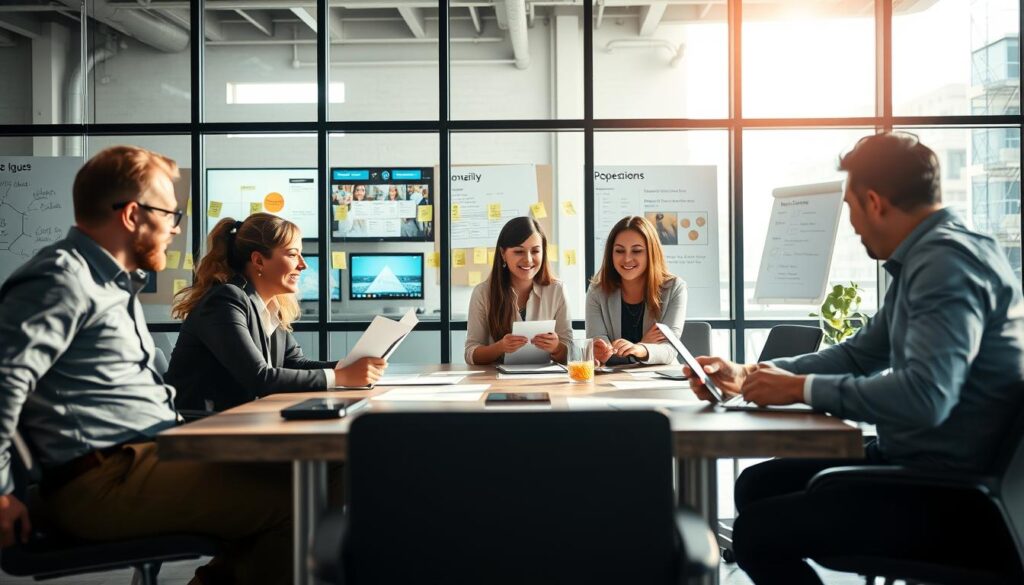 A dynamic team of diverse professionals collaborating in a modern office space, embodying agility and adaptability. In the foreground, a group of four individuals, men and women, dressed in professional business attire, are engaged in a lively brainstorming session around a large table with digital devices. In the middle, a glass wall reveals a collaborative work environment filled with post-it notes, screens displaying project timelines, and inspirational quotes. The background features large windows with natural light streaming in, creating a bright and optimistic atmosphere. The image captures a sense of movement and energy, with elements like flowing papers and whiteboards filled with ideas. Shot on Sony A7R IV at 70mm, the focus is sharp and clear, enhanced by a polarized filter to enrich colors and reduce glare.