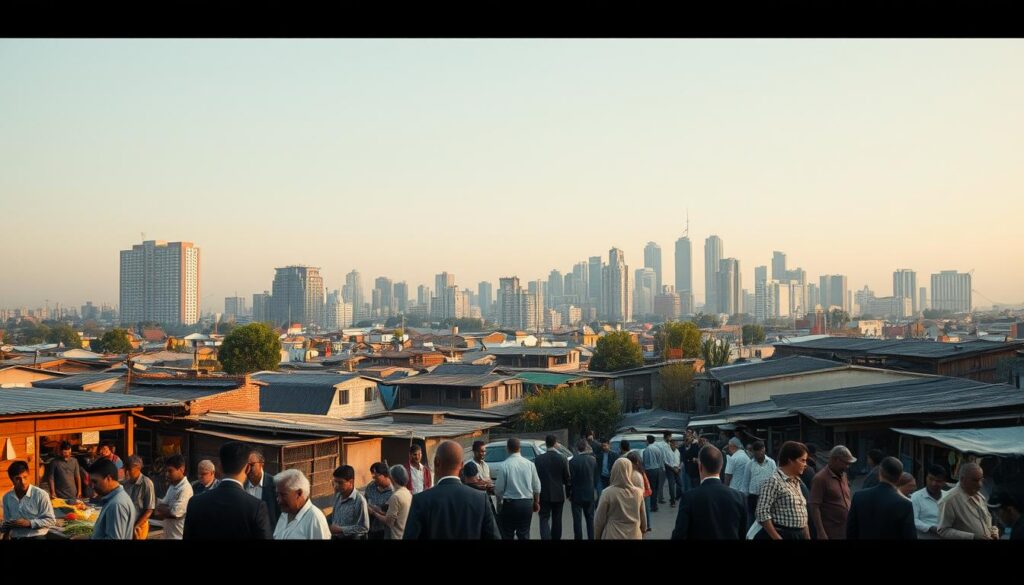 A dynamic urban landscape illustrating the transition from small settlements to thriving cities. In the foreground, depict a bustling market area with people dressed in professional attire and modest casual clothing, showcasing interactions and community life. The middle ground features a mix of traditional homes gradually transforming into modern buildings, symbolizing urban growth. In the background, a skyline of high-rise structures represents advanced urbanization. Use soft, natural lighting to evoke a sense of progress and optimism, with a warm golden hour glow. Capture this scene with a Sony A7R IV 70mm lens, ensuring sharp focus and defined details, complemented by a polarized filter to enhance clarity and vibrancy. The overall mood should reflect transformation and vitality.