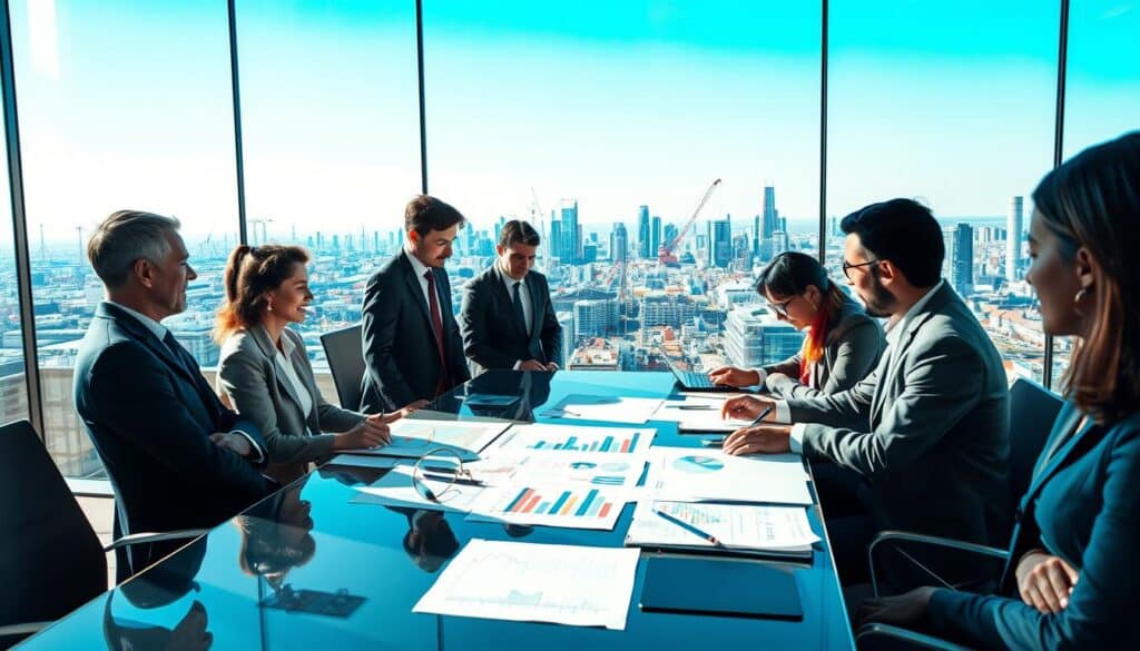 A dynamic visual representation of "externe Skaleneffekte," showcasing interconnected businesses benefiting from shared resources and collective growth. In the foreground, a diverse group of professionals in business attire collaborates around a modern conference table, analyzing graphs and charts that illustrate cost reductions and production efficiencies. In the middle ground, an expansive cityscape reflects innovation and industry, featuring factories and tech startups. The background includes a bright blue sky, symbolizing opportunity and growth. The lighting is bright and natural, casting soft shadows that enhance details. Captured at 70mm on a Sony A7R IV, the image is sharply defined with a polarized filter, creating a clear and vibrant atmosphere that conveys optimism and synergy in economic collaboration.