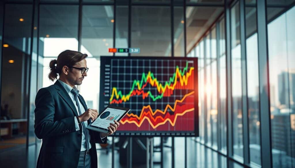 A dynamic, visually striking representation of "Price Variations and Competition in an Oligopoly" set in a modern, corporate environment. In the foreground, depict two business professionals in smart attire engaged in a lively discussion, examining various graphs and charts on digital tablets that showcase fluctuating prices. In the middle ground, visualize a large digital screen displaying a colorful, intricate price-quantity graph representing an oligopolistic market. In the background, illustrate a sleek glass office with city skyline views, bathed in natural light from large windows. Use a soft bokeh effect on the background to maintain focus on the professionals and the data visuals. The image should convey a sense of urgency and competitiveness, capturing the tension of price competition in an oligopoly, shot with a Sony A7R IV at 70mm, clearly focused and sharply defined with a polarized filter for clarity.