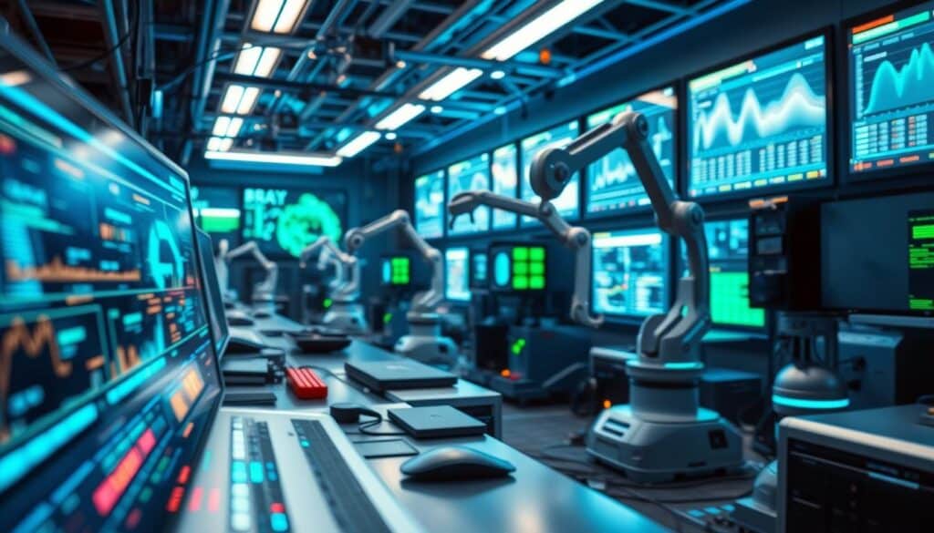 A futuristic data processing lab featuring artificial intelligence technologies at work. In the foreground, a sleek, modern computer interface displays vibrant visualizations of data streams and complex algorithms. The middle ground showcases robotic arms and advanced machines, intricately manipulating data models with precision. In the background, large screens exhibit dynamic graphs and analytics, all under ambient blue and green lighting that gives a high-tech atmosphere. The scene is captured with a Sony A7R IV at 70mm, focusing sharply on the intricate details of the technology. The overall mood is innovative and forward-thinking, emphasizing the crucial role of AI in transforming data into valuable insights.