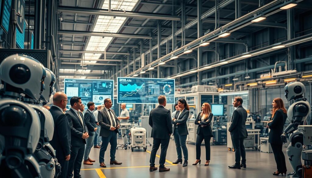 A futuristic industrial scene representing "Industrie 4.0 Deutschland." In the foreground, a diverse group of professionals in smart business attire are engaged in discussion, surrounded by sleek robots and advanced machinery. In the middle ground, transparent screens display real-time data and analytics, while interconnected devices illustrate the integration of cyber-physical systems. The background features a modern factory setting, with automated assembly lines and digital interfaces visible. The atmosphere is dynamic and innovative, highlighting cutting-edge technology and collaboration. The image is captured with a Sony A7R IV at 70mm, using a polarized filter for clear, sharply defined details and soft, natural lighting that enhances the futuristic mood.