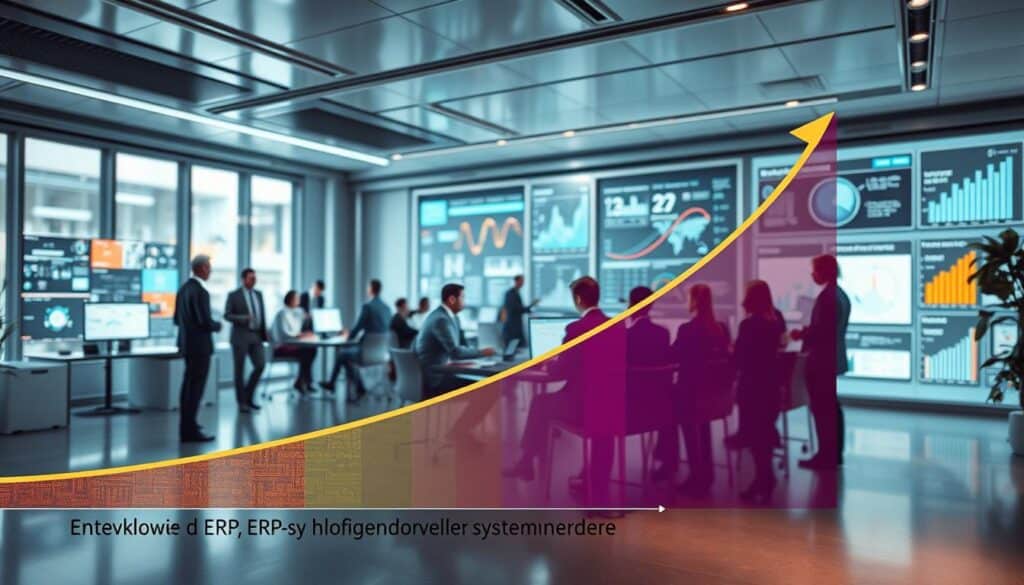 A futuristic office environment showcasing the evolution of ERP systems, featuring a prominent graphical representation of the "Entwicklungskurve der ERP-Systeme" in the foreground—an ascending curve made of vibrant colors and digital textures. In the middle ground, a diverse group of professionals in formal business attire are analyzing data on screens and collaborating around a modern conference table. The background reveals a sleek, high-tech workspace with abstract digital displays and charts highlighting business processes. Soft, natural lighting filters through large windows, casting gentle shadows and creating an inspiring atmosphere. Shot with a Sony A7R IV at 70mm, the image is sharply defined and clearly focused, enhanced with a polarized filter to emphasize color vibrancy and clarity.