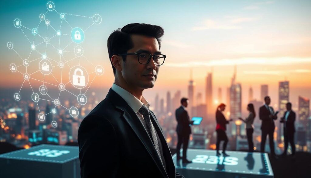 A futuristic representation of the advantages of smart contracts in a blockchain ecosystem, featuring a vibrant digital landscape. In the foreground, a confident business professional in a smart suit interacts with a holographic interface displaying interconnected nodes and contract symbols, emphasizing transparency and security. In the middle ground, silhouettes of diverse business people collaborating over digital screens, discussing automated processes. The background showcases a stylized city skyline made of shimmering blocks, symbolizing the blockchain structure, under a clear, illuminated, and slightly futuristic sky. The scene is well-lit with soft, ambient lighting to highlight the professionalism and innovation of smart contracts. Shot on a Sony A7R IV at 70mm, offering a sharp focus with a polarized filter to enhance clarity and depth.