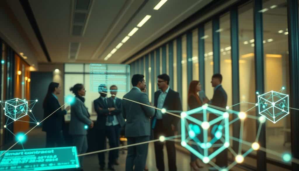A futuristic workspace featuring a digital smart contract mechanism in action, intricately designed blockchain nodes represented as glowing geometric shapes interconnected with luminous lines. In the foreground, holographic screens display code snippets and transaction confirmations, showcasing the automation of contracts, with a soft blue and green color palette illuminating the scene. The middle ground features a diverse group of professionals in business attire, discussing the smart contract’s functionalities, engaged in collaborative problem-solving. The background includes a sleek, modern office with large glass windows, allowing natural light to filter in, creating a warm and innovative atmosphere. Shot on a Sony A7R IV at 70mm, capturing every detail with sharp focus, enhanced by a polarized filter for clarity and color vibrancy.