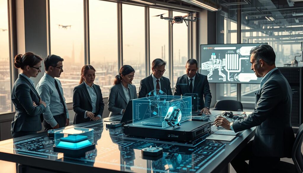 A futuristic workspace scene depicting the integration of cyber-physical systems into existing IT architectures. In the foreground, a diverse team of professionals in business attire collaborates around a high-tech table, analyzing holographic displays that illustrate data flows and system interconnectivity. In the middle, sleek servers and digital interfaces blend seamlessly with robotic components, showcasing the harmony between physical and virtual systems. The background features a large window revealing a modern industrial landscape with smart factories and drones. Soft, ambient lighting highlights the technology, creating an atmosphere of innovation and collaboration. The image is clearly focused, sharply defined, and captured with a Sony A7R IV at 70mm through a polarized filter, emphasizing clarity and detail.