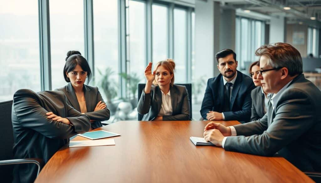 A group of diverse office colleagues sitting around a conference table, each exhibiting body language that reflects frustration and tension. In the foreground, a woman with crossed arms and a frown, wearing a smart blazer, faces a man who appears disengaged, leaning back in his chair. The middle ground features a woman with her hand raised, looking exasperated, while another colleague glances away, visibly annoyed. The background shows a modern office environment with large windows and soft, diffused natural light filtering in. The atmosphere is tense and critical, highlighting the challenges of teamwork. Shot on a Sony A7R IV 70mm, the image is clearly focused and sharply defined, incorporating a polarized filter for enhanced color contrast.