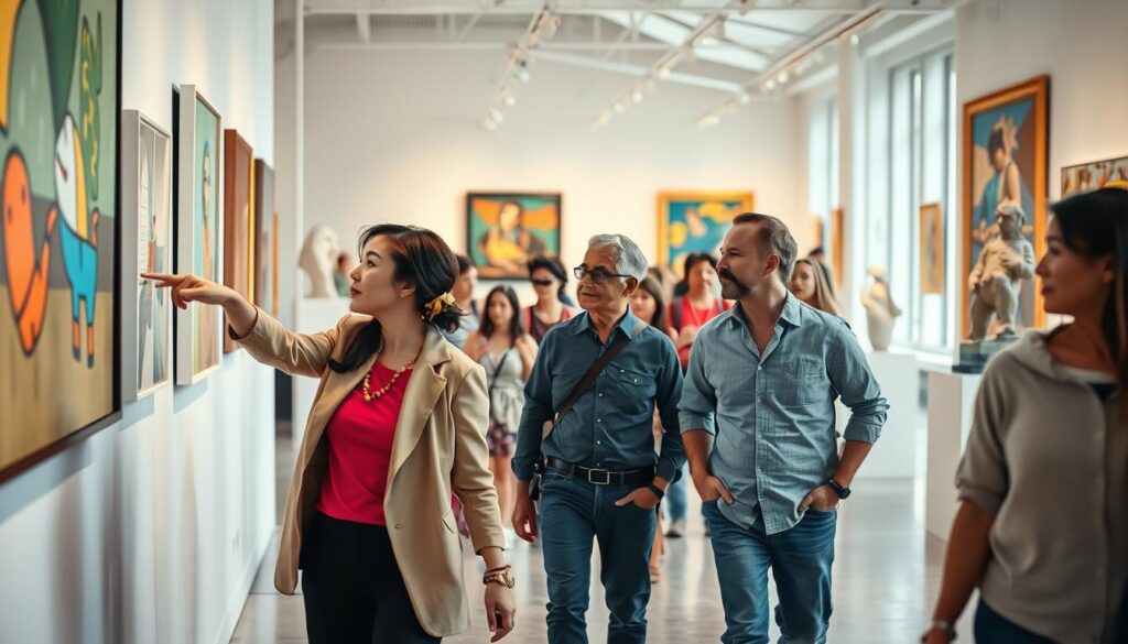 A group of diverse people, engaged in a lively discussion, strolls through a bright, modern art museum filled with colorful paintings and sculptures. In the foreground, a woman in a professional outfit points at an abstract artwork, while a man in casual attire listens intently. In the middle ground, other visitors admire the exhibits, showcasing a variety of artistic styles. The background features large windows allowing natural light to flood the space, creating a warm and inviting atmosphere. The scene is shot with a Sony A7R IV at 70mm, ensuring clear focus and sharp definitions, enhanced by a polarized filter to enrich colors and contrast, evoking a sense of creativity and inspiration.
