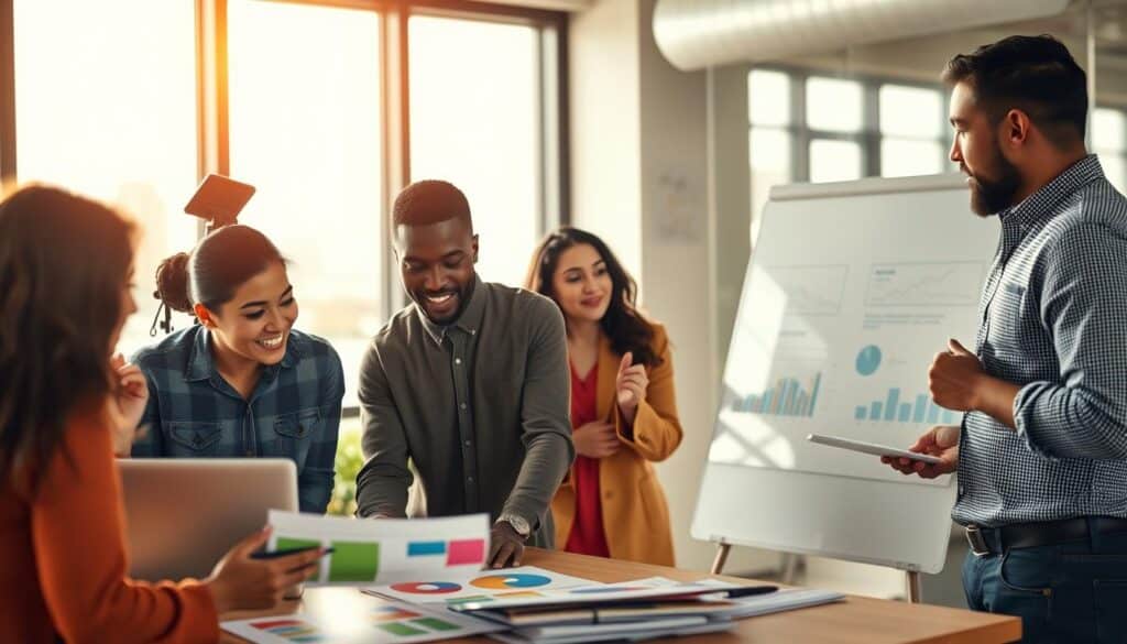 A group of diverse professionals engaged in fulfilling work in a vibrant, modern office setting. In the foreground, a woman of Asian descent enthusiastically collaborates with a Black man over a project, surrounded by colorful charts and a laptop. In the middle ground, a Caucasian woman presents ideas on a whiteboard, while a Hispanic man takes notes, showcasing teamwork and innovation. The background features large windows letting in warm, natural light, with a city skyline visible beyond, symbolizing the impact on society. The mood is supportive and inspiring, focusing on the positive connotations of meaningful work. Shot on Sony A7R IV 70mm, with a polarized filter for clear focus and sharply defined details, enhancing the vibrant atmosphere of professional collaboration and fulfillment.