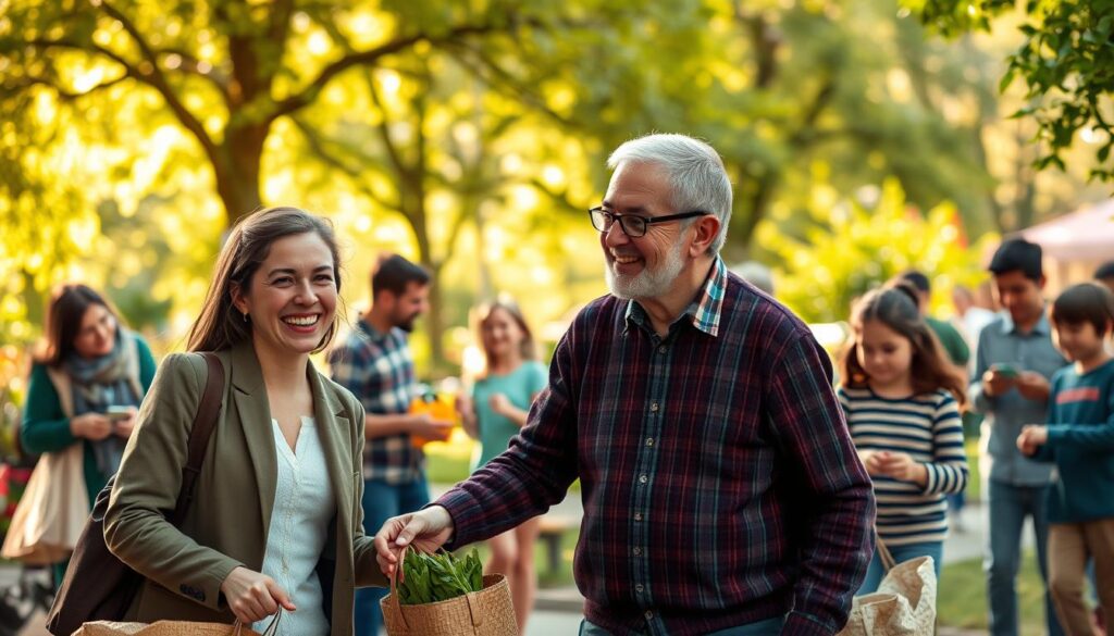 A heartwarming scene depicting the joy of helping others, showcasing a diverse group of individuals engaging in various acts of kindness. In the foreground, a young woman in smart casual attire assists an elderly man with his groceries, both smiling brightly. In the middle ground, a group of children plays together, sharing toys and laughter, their faces filled with happiness. In the background, a vibrant park setting with lush greenery and blooming flowers enhances the atmosphere of community. Soft, golden sunlight filters through the trees, creating a warm and inviting glow. The image is captured with a Sony A7R IV at 70mm, ensuring clarity and precision, using a polarized filter to accentuate colors and details. The mood is uplifting and cheerful, embodying the essence of 'Lebensfreude durch Hilfsbereitschaft.'