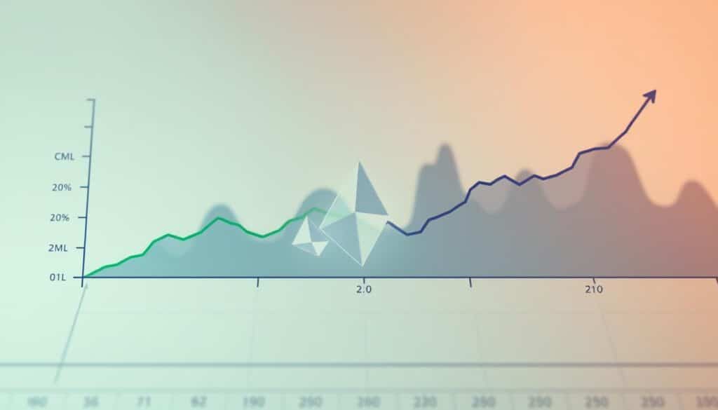 A highly detailed illustration of the Capital Market Line (CML) and Security Market Line (SML) on a financial graph, set against a soft gradient background representing the financial market. In the foreground, the lines are depicted in contrasting colors: the CML in a bold green and the SML in a deep blue, both clearly labeled with their respective intercepts and slopes. The axes should be carefully marked, with risk measured on the x-axis and expected returns on the y-axis. In the middle, include abstract geometric shapes symbolizing risk and return, subtly hinting at a dynamic financial environment. The mood is professional and informative, with clear, sharp details reminiscent of a corporate presentation, shot with a Sony A7R IV at 70mm using a polarized filter for clarity.