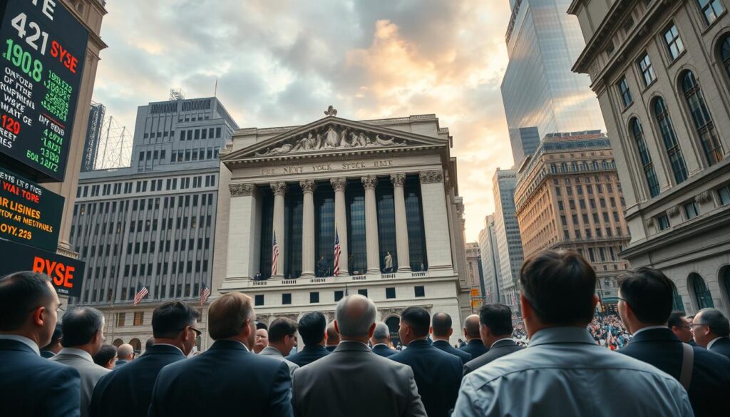 A historical representation of the New York Stock Exchange, illustrating key crises and events throughout its history. In the foreground, a diverse group of business professionals in tailored suits closely observe towering digital stock tickers displaying fluctuating numbers, capturing tension and intrigue. The middle layer features the iconic façade of the NYSE building, with its grand columns and statues of historical figures, under a dramatic early evening sky. In the background, a faint silhouette of Wall Street bustling with activity, showcasing the energy of traders and investors. The scene is sharply focused using a Sony A7R IV at 70mm with a polarized filter, creating a vibrant atmosphere that reflects the intensity and significance of the stock market's historical journey.