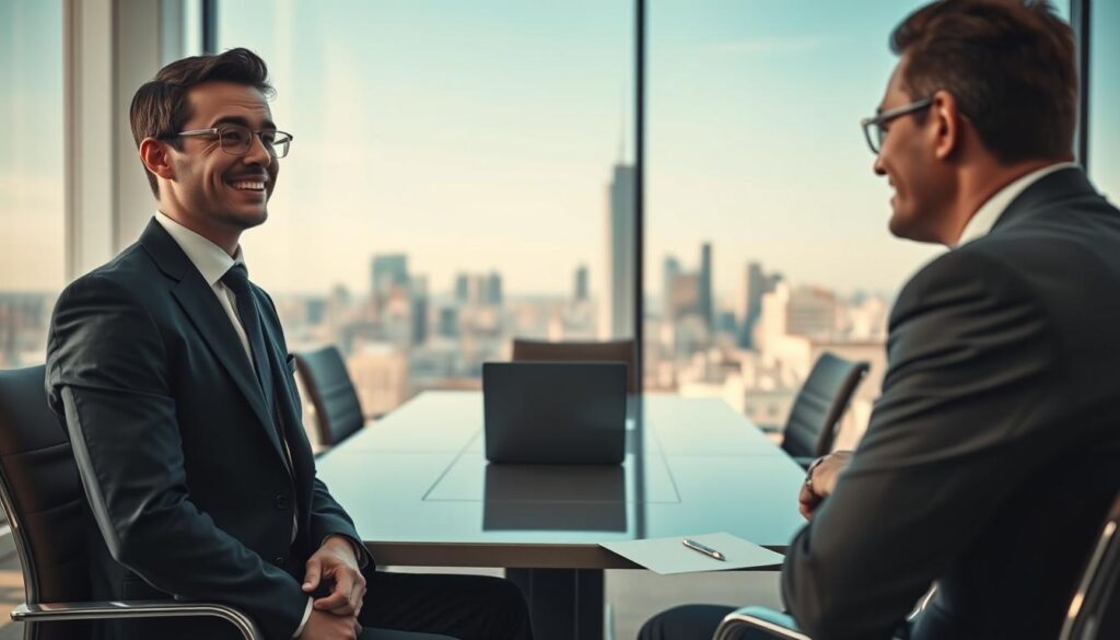 A humorous yet inappropriate job interview scene in a bright, modern office setting. In the foreground, a job candidate, dressed in a smart suit, is telling an off-color joke, with a mischievous grin. The interviewer's expression shows confusion and discomfort, highlighting the mismatch of humor in a professional setting. In the middle ground, a sleek conference table with a few papers and a laptop, adding to the business atmosphere. The background features a large window revealing a cityscape under a clear blue sky, emphasizing the corporate environment. Shot with a Sony A7R IV at 70mm, using a polarized filter for clarity, the lighting is bright and even, creating an awkward tension. The overall mood is light yet uncomfortable, capturing the essence of what not to do in a job interview. A humorous yet inappropriate job interview scene in a bright, modern office setting. In the foreground, a job candidate, dressed in a smart suit, is telling an off-color joke, with a mischievous grin. The interviewer's expression shows confusion and discomfort, highlighting the mismatch of humor in a professional setting. In the middle ground, a sleek conference table with a few papers and a laptop, adding to the business atmosphere. The background features a large window revealing a cityscape under a clear blue sky, emphasizing the corporate environment. Shot with a Sony A7R IV at 70mm, using a polarized filter for clarity, the lighting is bright and even, creating an awkward tension. The overall mood is light yet uncomfortable, capturing the essence of what not to do in a job interview.