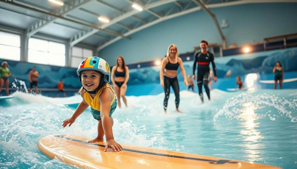 A lively indoor surfing scene featuring a family enjoying their time on the Hasewelle wave in Osnabrück. In the foreground, a cheerful child rides a surfboard, fully engaged and wearing a colorful helmet and protective gear, embodying the joy of surfing. In the middle, the family stands by the wave pool, with parents smiling and cheering, wearing casual but stylish clothing. In the background, the vibrant atmosphere of the indoor surf facility is captured, showcasing other families and surfers in action, with dynamic splashes of water. The lighting is bright and inviting, with a warm glow from overhead lights, illuminating the smiles and excitement on everyone's faces. Shot on a Sony A7R IV at 70mm, the image is sharply defined, with a polarized filter to enhance colors and reduce glare, creating a vivid and engaging depiction of family fun at the indoor surfing venue.