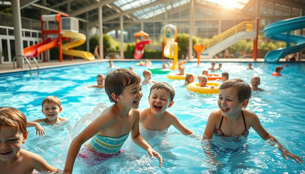 A lively scene at the Nettebad Osnabrück, showcasing children joyfully playing in a vibrant swimming pool with colorful slides and water features. In the foreground, a group of children wearing modest swim gear splashes around, while one child navigates a twisty water slide, laughter evident on their faces. The middle ground reveals additional children engaging in fun water games, surrounded by bright inflatable toys. The background features a well-maintained facility with large glass windows and lush greenery. The atmosphere is cheerful and energetic, with sunlight filtering through the water creating sparkling reflections. Shot on a Sony A7R IV at 70mm with a polarized filter, the image is clearly focused and sharply defined, capturing a delightful family-friendly environment.