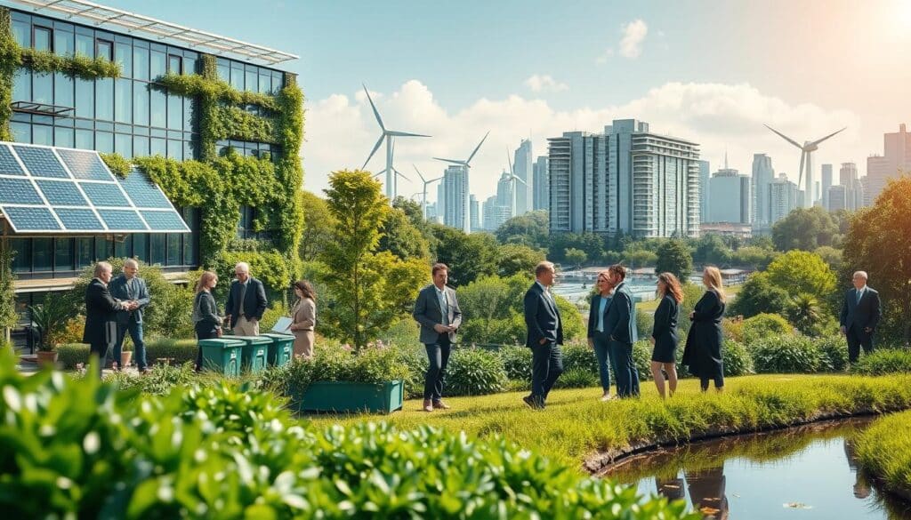 A lush green landscape depicting sustainability in resource management, featuring a modern corporate building integrated with nature, showcasing solar panels and vertical gardens. In the foreground, a diverse group of professionals in business attire discussing eco-friendly practices, surrounded by plants and recycling bins. The middle ground includes wind turbines and clear waterways, symbolizing renewable energy and clean resources. The background features a vibrant skyline with sustainable architecture. Soft, natural lighting creates an optimistic and inspiring atmosphere, highlighting the harmony between industry and the environment. Captured using a Sony A7R IV at 70mm, with clear focus and a polarized filter for enhanced colors and contrast. A lush green landscape depicting sustainability in resource management, featuring a modern corporate building integrated with nature, showcasing solar panels and vertical gardens. In the foreground, a diverse group of professionals in business attire discussing eco-friendly practices, surrounded by plants and recycling bins. The middle ground includes wind turbines and clear waterways, symbolizing renewable energy and clean resources. The background features a vibrant skyline with sustainable architecture. Soft, natural lighting creates an optimistic and inspiring atmosphere, highlighting the harmony between industry and the environment. Captured using a Sony A7R IV at 70mm, with clear focus and a polarized filter for enhanced colors and contrast.