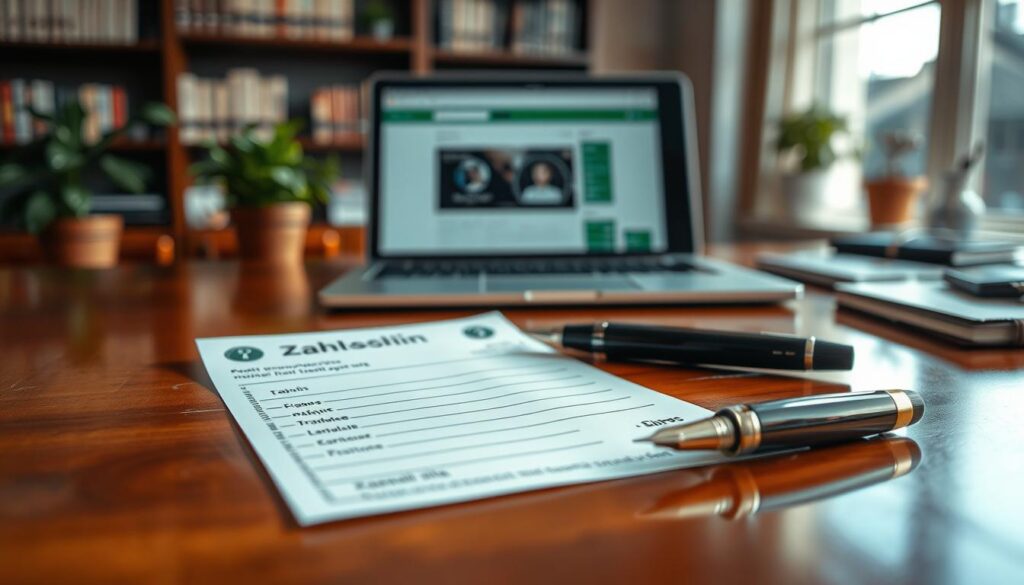 A meticulously designed payment slip (Zahlschein) lies on a polished wooden desk, showcasing its intricate details like numbered fields, a subtle watermark, and a crisp layout. In the foreground, a sleek fountain pen rests beside the slip, reflecting soft natural light, emphasizing the professionalism of financial transactions. In the middle, a blurred laptop screen displays online banking software, hinting at the modern payment process. The background features an elegant office setting with shelves of financial literature and potted plants, creating a serene atmosphere. Shot on a Sony A7R IV at 70mm, with sharp focus and a polarized filter enhancing clarity and vibrancy, the image conveys a sense of professionalism and the significance of payment slips in financial dealings.