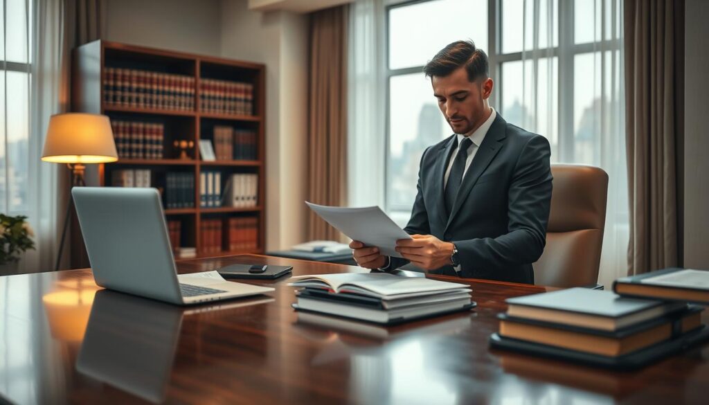 A meticulously organized office environment with a polished wooden desk at the forefront, featuring legal documents and a closed laptop. A professional in a well-fitted business suit examines a document, showcasing a focused expression. In the middle ground, a bookshelf filled with law books and case files provides context, while a softly glowing desk lamp casts warm light, enhancing the atmosphere of professionalism. The background reveals large windows with cityscape views and soft natural light filtering through sheer curtains, generating an inviting yet formal mood. The scene is captured using a Sony A7R IV at 70mm, ensuring sharp focus and detail, with a polarized filter enhancing the clarity of the image. A meticulously organized office environment with a polished wooden desk at the forefront, featuring legal documents and a closed laptop. A professional in a well-fitted business suit examines a document, showcasing a focused expression. In the middle ground, a bookshelf filled with law books and case files provides context, while a softly glowing desk lamp casts warm light, enhancing the atmosphere of professionalism. The background reveals large windows with cityscape views and soft natural light filtering through sheer curtains, generating an inviting yet formal mood. The scene is captured using a Sony A7R IV at 70mm, ensuring sharp focus and detail, with a polarized filter enhancing the clarity of the image.