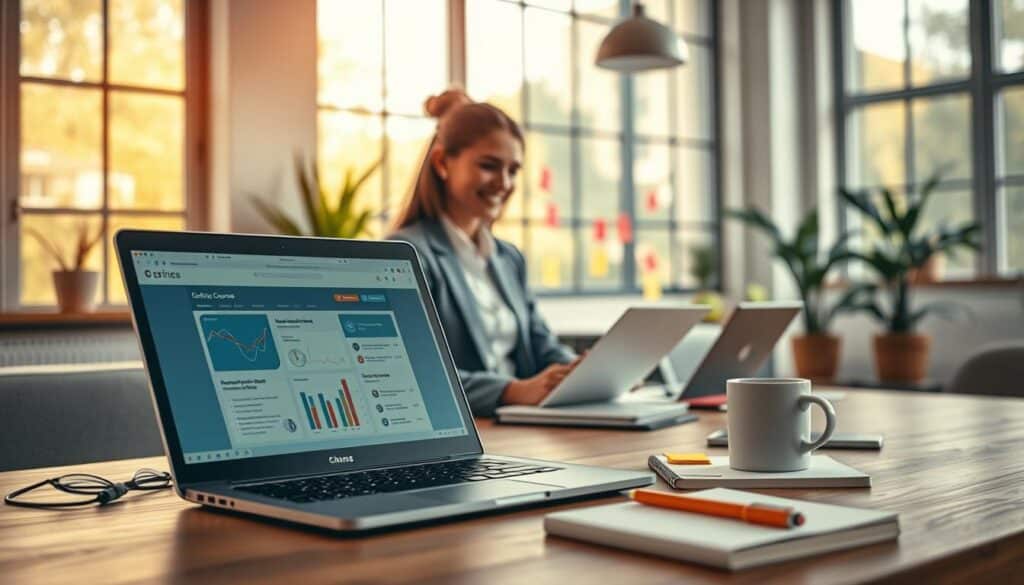 A modern and inviting workspace depicting online learning for skill development. In the foreground, a laptop is open, displaying a vibrant online course interface with graphs and educational content. Nearby, a notebook and pen suggest an engaged learner. The middle ground features a cheerful person in professional attire, focused on the screen, surrounded by colorful sticky notes and a cup of coffee, reflecting a productive study environment. The background showcases a bright, contemporary room with large windows allowing natural light to flood in, creating a warm and inspiring atmosphere. Shot on a Sony A7R IV at 70mm, ensuring sharp focus and detail, with a polarized filter enhancing colors. The mood is energetic and motivating, ideal for professional growth. A modern and inviting workspace depicting online learning for skill development. In the foreground, a laptop is open, displaying a vibrant online course interface with graphs and educational content. Nearby, a notebook and pen suggest an engaged learner. The middle ground features a cheerful person in professional attire, focused on the screen, surrounded by colorful sticky notes and a cup of coffee, reflecting a productive study environment. The background showcases a bright, contemporary room with large windows allowing natural light to flood in, creating a warm and inspiring atmosphere. Shot on a Sony A7R IV at 70mm, ensuring sharp focus and detail, with a polarized filter enhancing colors. The mood is energetic and motivating, ideal for professional growth.