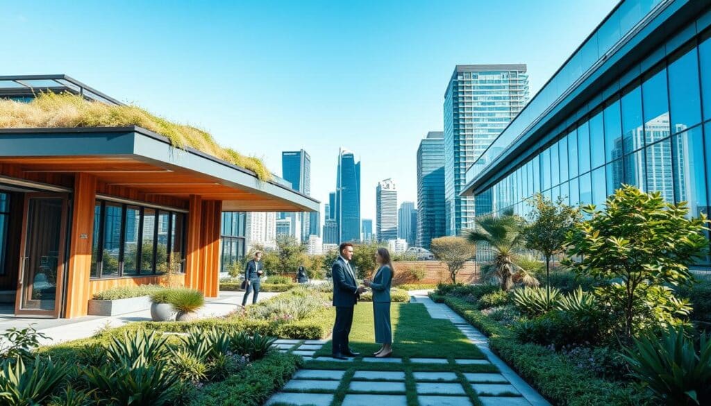 A modern architectural scene showcasing sustainability in design. In the foreground, a sleek, eco-friendly building made of glass and wood, with green roofs and solar panels integrated seamlessly. There are people in professional business attire engaged in conversation, highlighting collaboration in sustainable architecture. The middle ground features lush greenery, gardens, and pathways that blend with the structure. In the background, a clear blue sky framed by urban skyscrapers, reflecting the harmony between nature and modern architecture. The lighting is bright and natural, emphasizing the eco-friendly materials. Shot on a Sony A7R IV at 70mm, creating a sharply defined, vibrant image with a polarized filter that enhances the colors and contrasts, conveying a hopeful and inspiring mood. A modern architectural scene showcasing sustainability in design. In the foreground, a sleek, eco-friendly building made of glass and wood, with green roofs and solar panels integrated seamlessly. There are people in professional business attire engaged in conversation, highlighting collaboration in sustainable architecture. The middle ground features lush greenery, gardens, and pathways that blend with the structure. In the background, a clear blue sky framed by urban skyscrapers, reflecting the harmony between nature and modern architecture. The lighting is bright and natural, emphasizing the eco-friendly materials. Shot on a Sony A7R IV at 70mm, creating a sharply defined, vibrant image with a polarized filter that enhances the colors and contrasts, conveying a hopeful and inspiring mood.