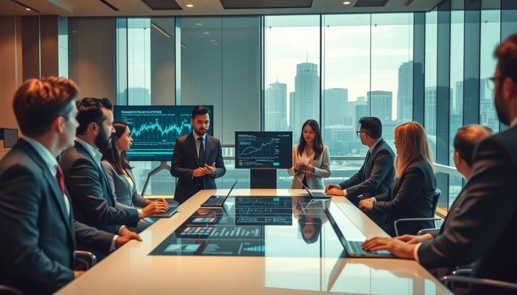 A modern bank office interior showcasing advanced technology in transaction banking. In the foreground, a diverse group of professionals in business attire are engaged in discussion around a sleek, high-tech table with digital devices displaying real-time financial data. In the middle ground, a large screen shows complex data analytics and transaction maps, while glass walls reveal a city skyline bathed in soft natural light. In the background, futuristic digital interfaces and holographic displays enhance the atmosphere of innovation. The mood is dynamic and collaborative, emphasizing a cutting-edge financial environment. Shot on a Sony A7R IV at 70mm, ensuring clarity and sharp definition with a polarized filter, capturing the vibrant color palette of the high-tech space. A modern bank office interior showcasing advanced technology in transaction banking. In the foreground, a diverse group of professionals in business attire are engaged in discussion around a sleek, high-tech table with digital devices displaying real-time financial data. In the middle ground, a large screen shows complex data analytics and transaction maps, while glass walls reveal a city skyline bathed in soft natural light. In the background, futuristic digital interfaces and holographic displays enhance the atmosphere of innovation. The mood is dynamic and collaborative, emphasizing a cutting-edge financial environment. Shot on a Sony A7R IV at 70mm, ensuring clarity and sharp definition with a polarized filter, capturing the vibrant color palette of the high-tech space.