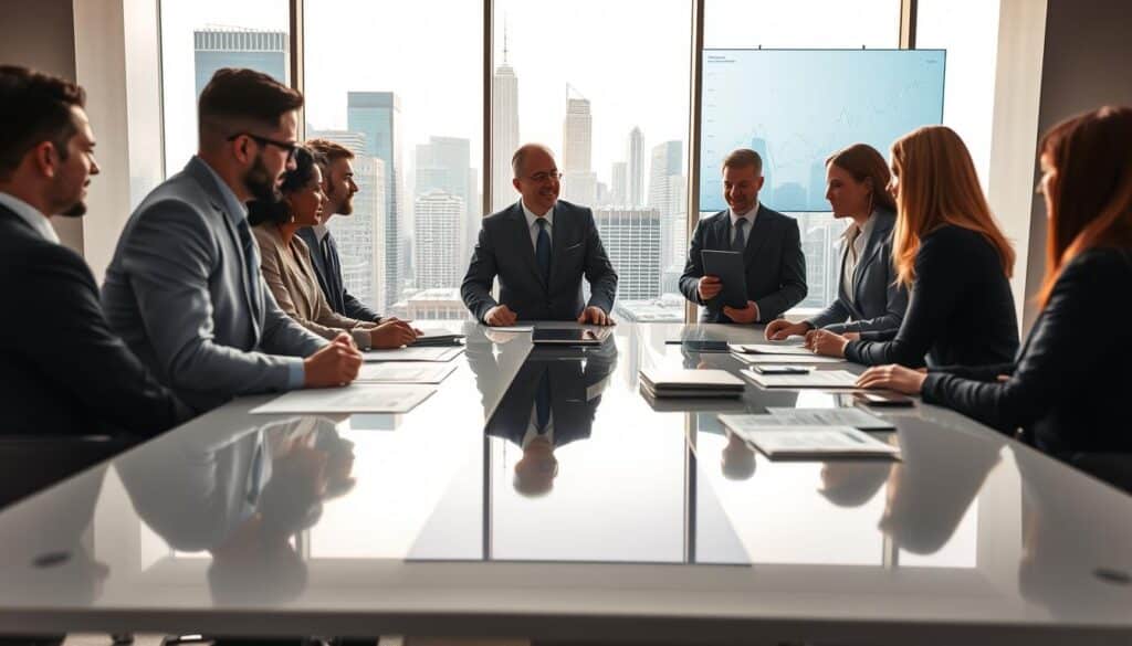 A modern banking environment depicting the essence of corporate responsibility. In the foreground, a diverse group of professionals in business attire, including men and women of various ethnicities, engaged in a collaborative discussion around a sleek conference table with financial documents and digital devices. The middle ground features a large window showcasing a city skyline, filled with contemporary skyscrapers, symbolizing economic vitality. In the background, a graph on a digital screen displays financial data and trends in a bright, airy office space. The lighting is bright and professional, creating a positive and inspiring atmosphere. Shot on a Sony A7R IV, 70mm, with a polarized filter, ensuring sharp focus and definitions throughout the composition, highlighting the themes of accountability and business integrity in banking.